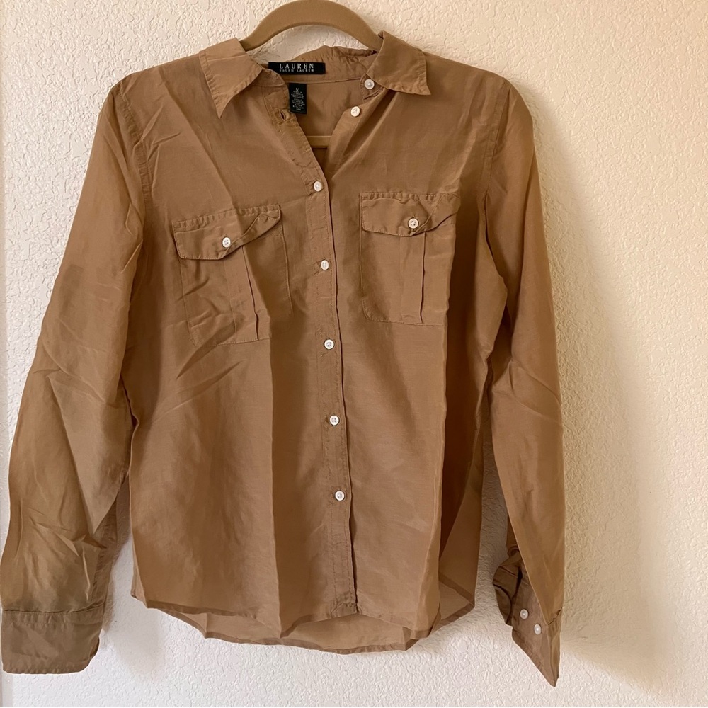 Lauren Ralph Lauren Brown Button Down Cotton/Silk Top Medium used good condition